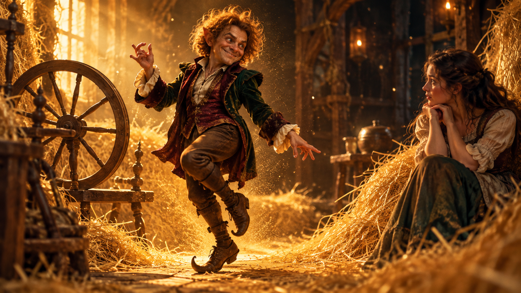 A fictional Rumpelstiltskin AI meme video example in a straw-filled fantasy room